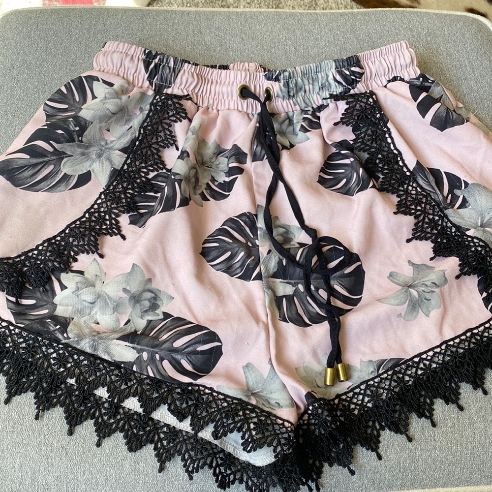 High waist pink floral shorts with lace. Super cute and comfortable!